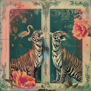 tigers  flowers  birds  chromolithography  wildlife  frame  vibrant  nature  art  colorful 1038407