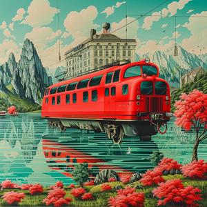 chromolithography  train  lake  landscape  vibrant  colorful  transportation  serene  nature  reflection 1039816