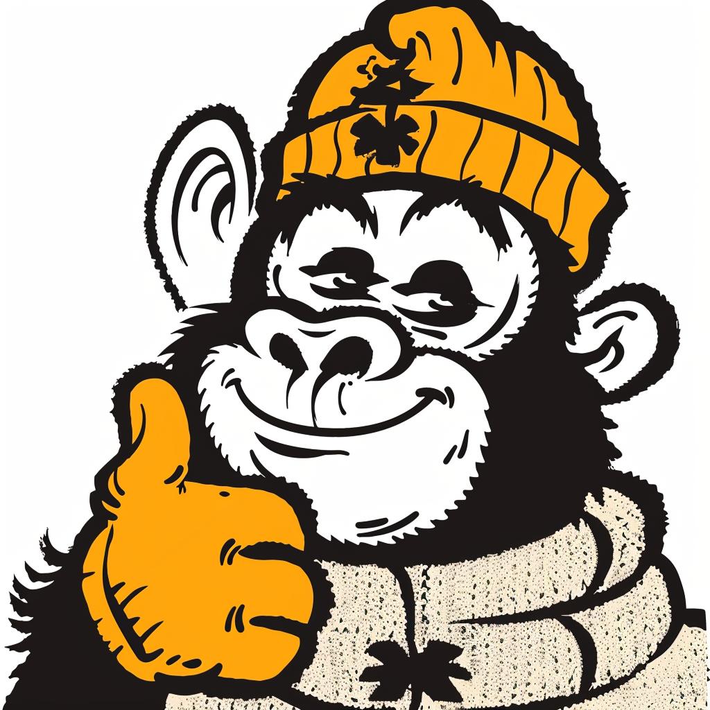 gorilla  cartoon  hat  thumbs_up  white  background  whimsical  fun  animal  character 942453