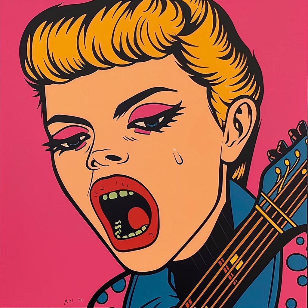 painting  popart  woman  guitar  electric  1980s  bold  colorful  graphic  style 1024532