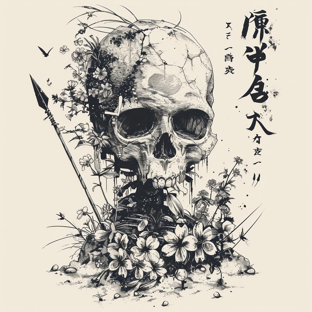 skull  flowers  arrows  Japanese  script  villagers  spears  intertwined  plants  art 1036291