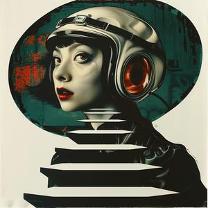 woman  helmet  jacket  red  black  surreal  album  cover  Risograph  symbolist 1077723