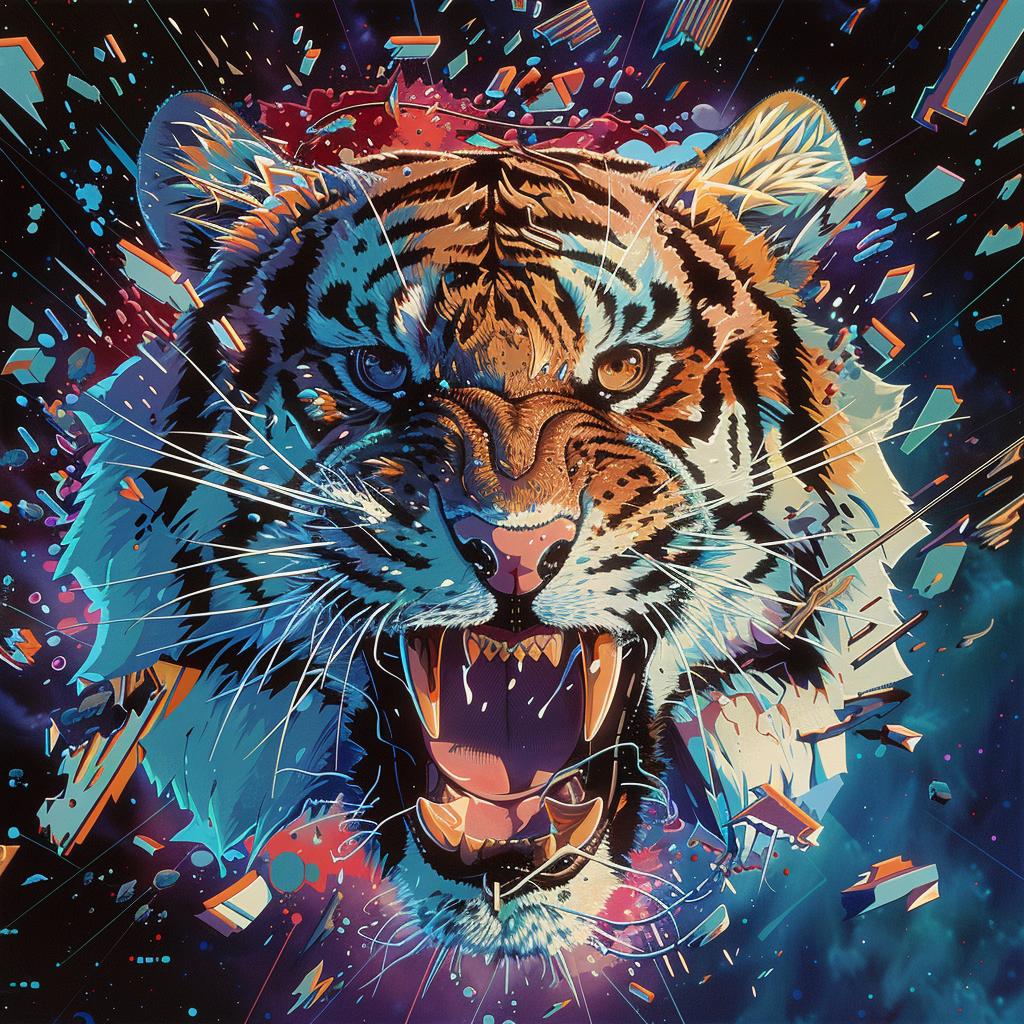 tiger  mouth  open  teeth  showing  trippy  geometric  Nychos  art  80s 960733