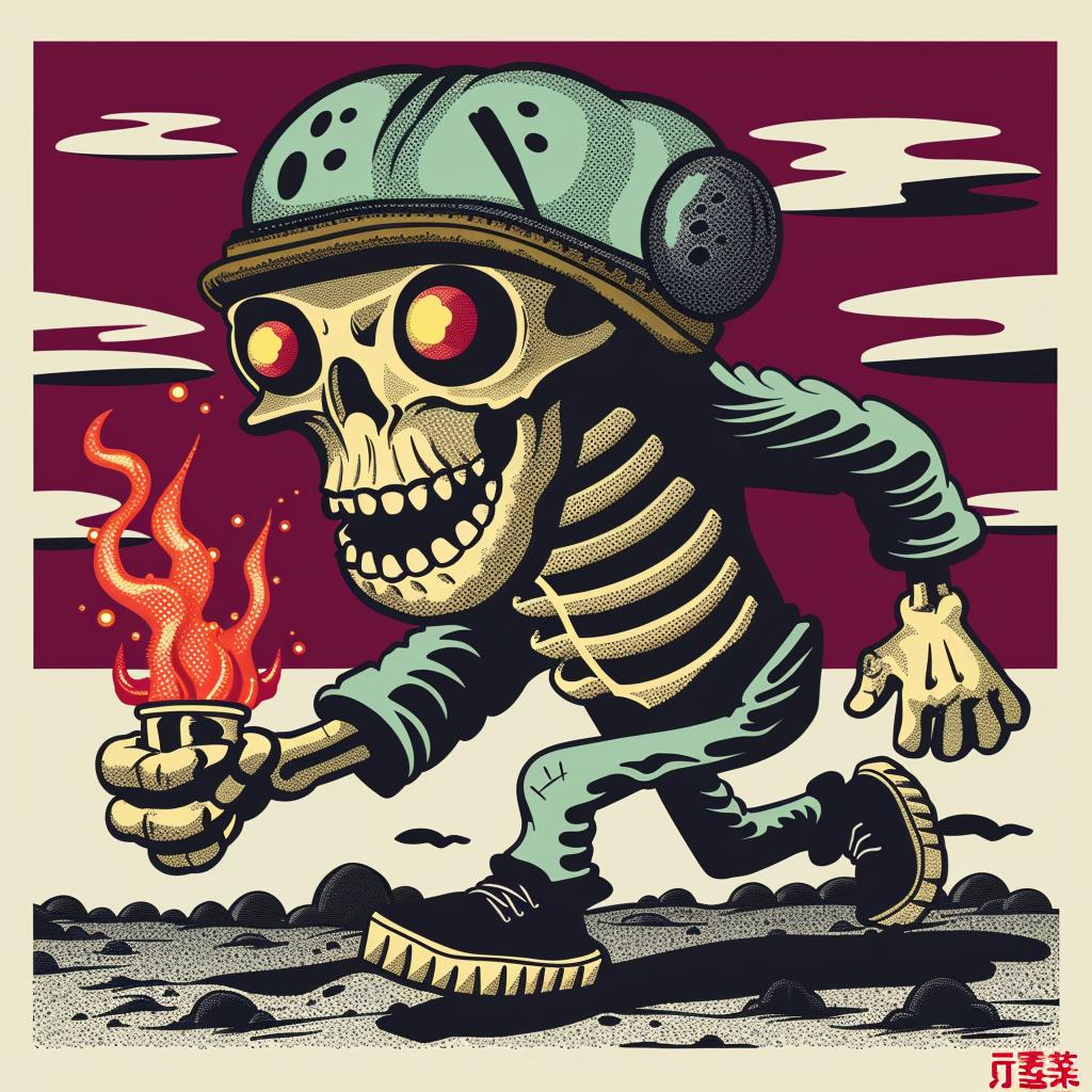 creature  japanese  lettering  skeleton  helmet  hat  torch  run  cartoon  art 946079