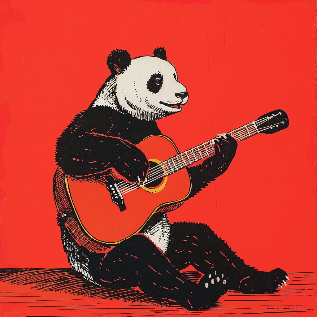 panda  guitar  acoustic  red  background  humor  character  playful  whimsical  illustration 922043