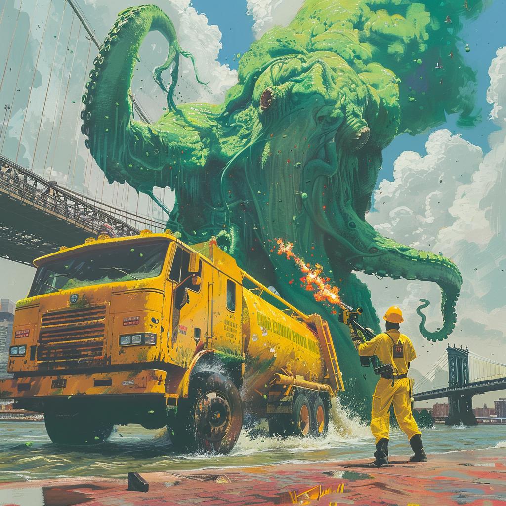 octopus  truck  chaos  Brooklyn  bridge  Hazmat  surreal  noir  monster  art 1018196