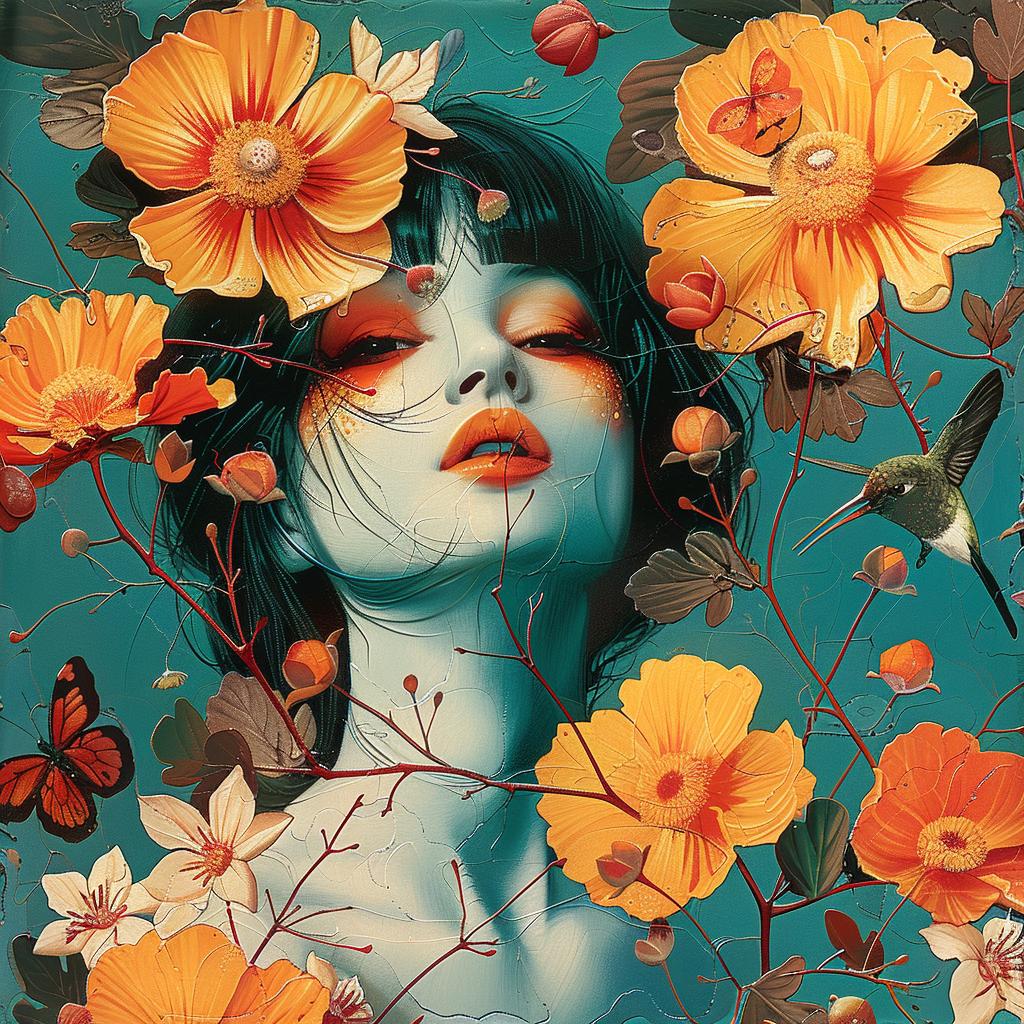 woman  flowers  surrounded  ochre  hues  nature  floral  decorative  vibrant  art 963605
