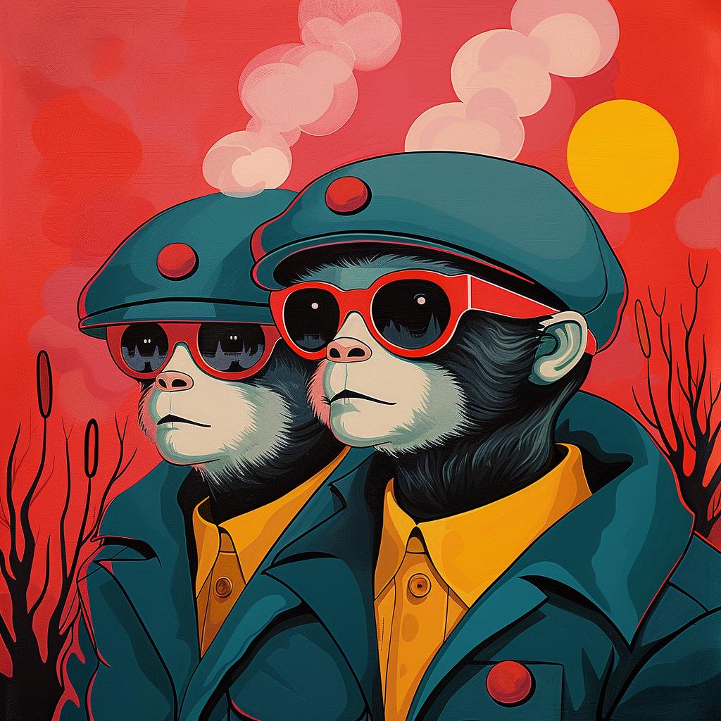 monkeys  sunglasses  hats  red  orange  background  playful  artwork  creative  album 1018946