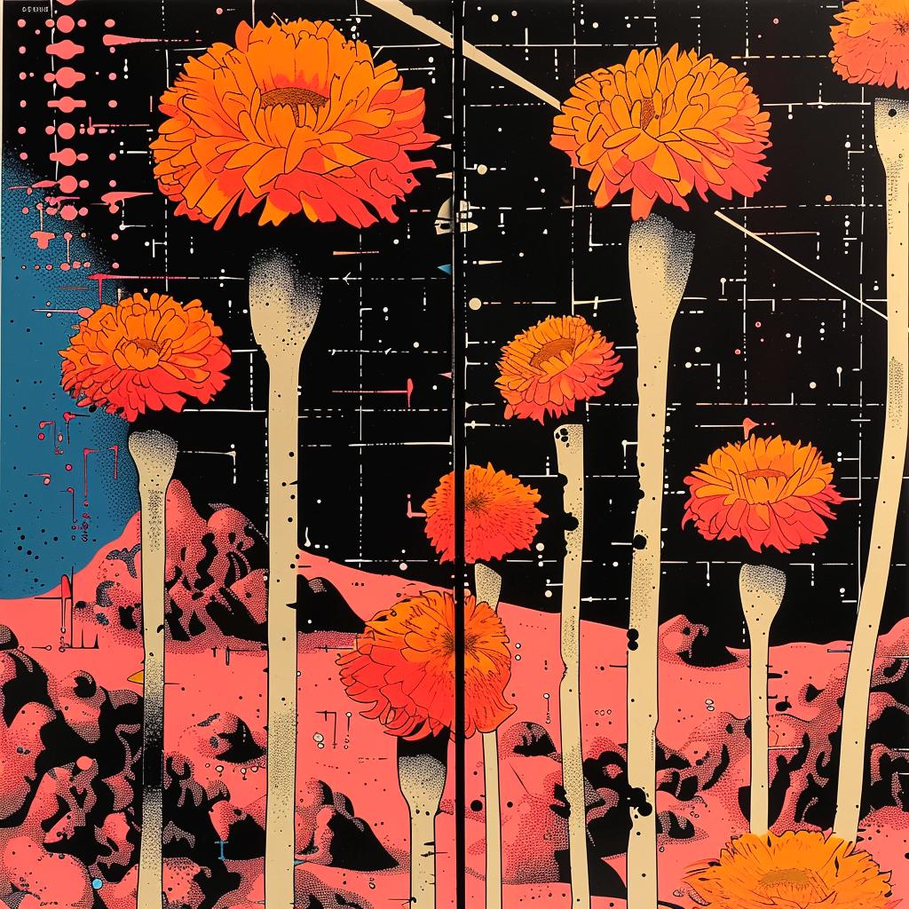 marigolds  flowers  dark  painting  black  night  style  perspective  horizon  cold 924109