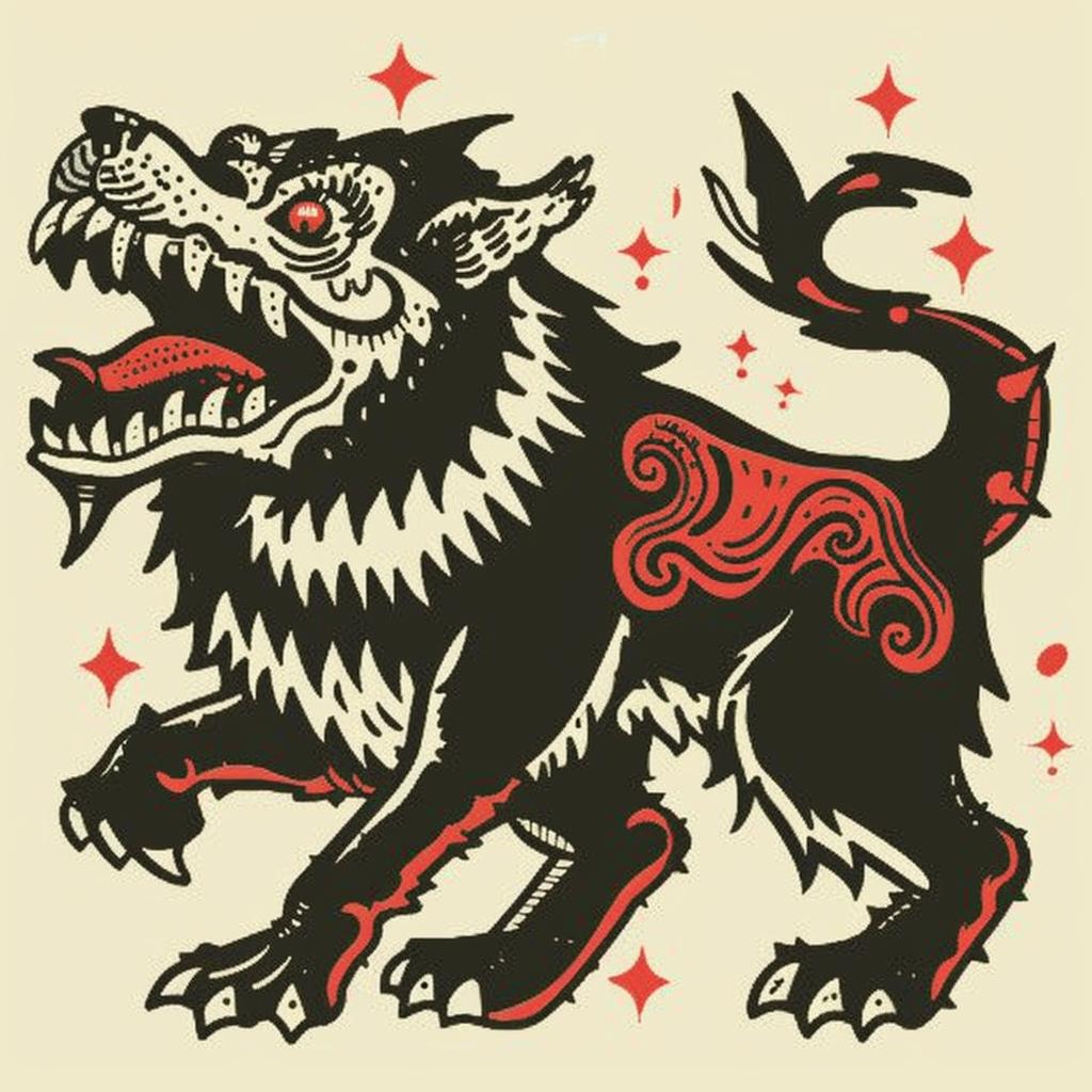 Nychos  mythical  creature  wolf  red  black  stars  hybrid  art  style 931426