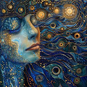 Art Nouveau  Surrealism  pointillism  woman  paint  blue  gold  face  mystical  ambiance 1077122