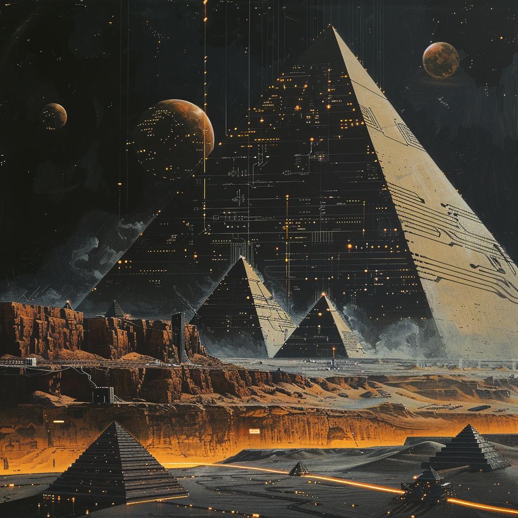 sci-fi  vintage  gouache  pyramids  data  centers  black  composition  detail  transistors 922216