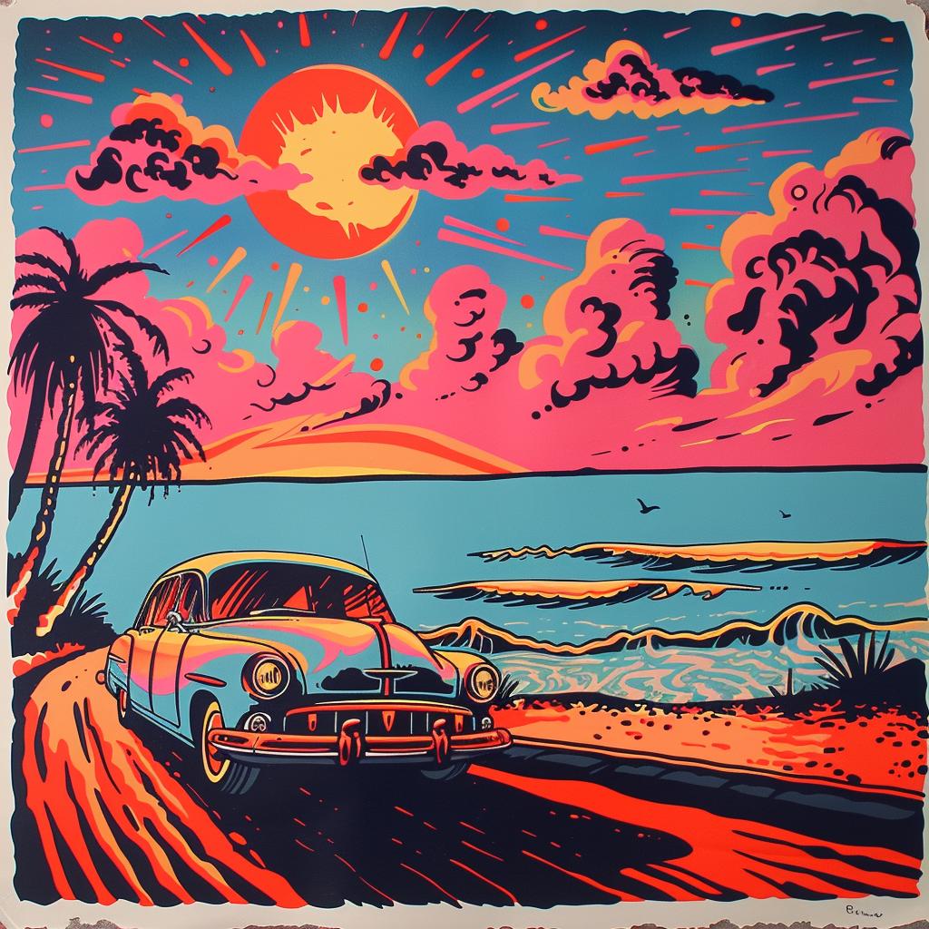 poster  car  beach  driving  colorful  illustration  vibrant  max  style  art 929921