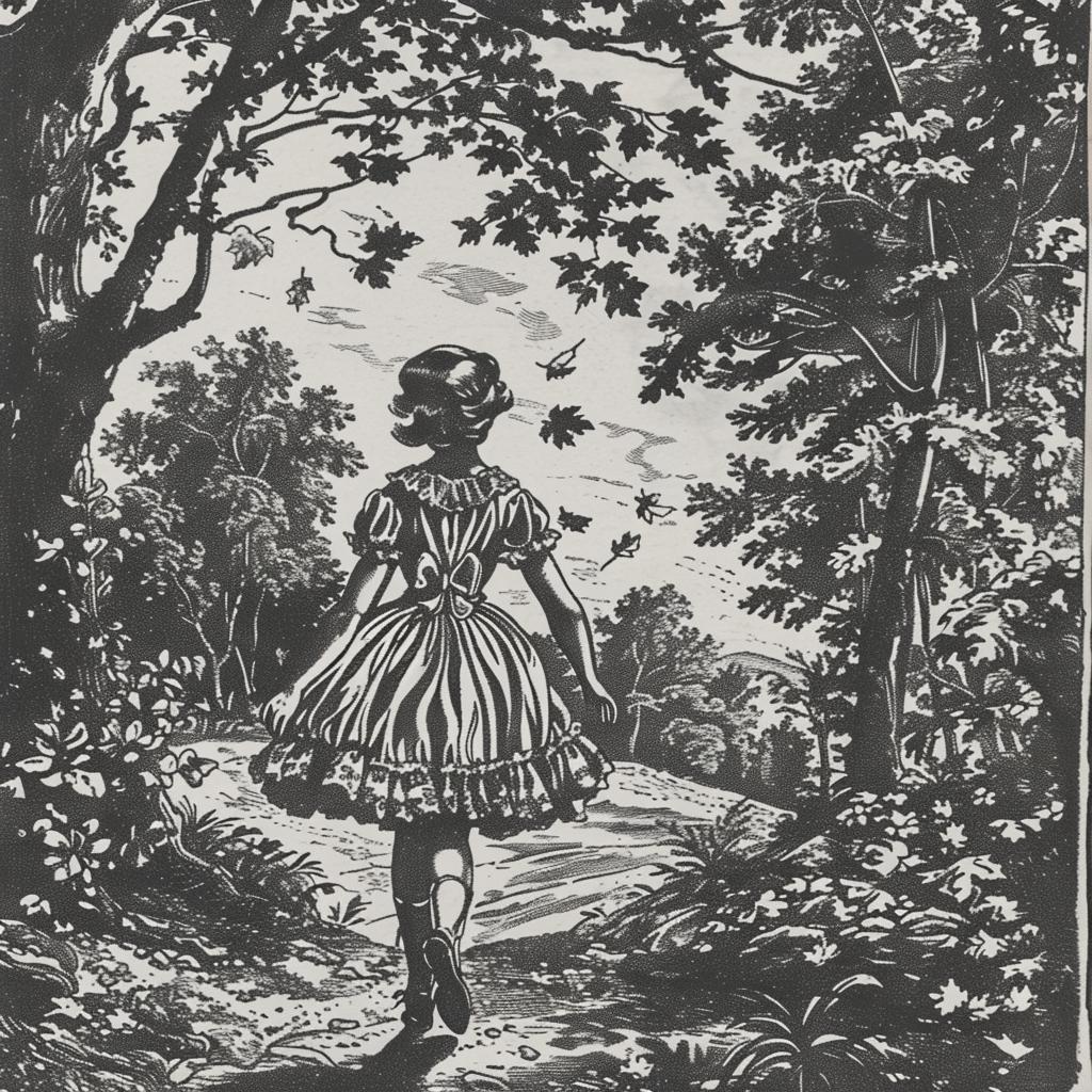girl  forest  vintage  dress  leaves  fall  innocent  illustration  nature  walking 1025690