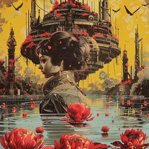 woman  pond  flowers  castle  surrounded  art  nature  serene  water  landscape 1059038