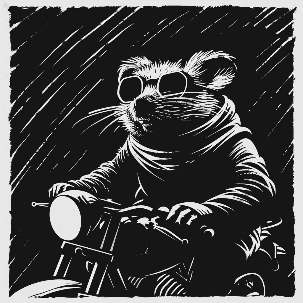 rat  motorcycle  anthropomorphic  goggles  scarf  whimsical  character  transportation  cartoon  fun 1026071