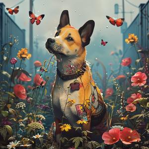 chromolithography  dog  field  flowers  butterflies  colorful  nature  art  illustration  vibrant 1049957