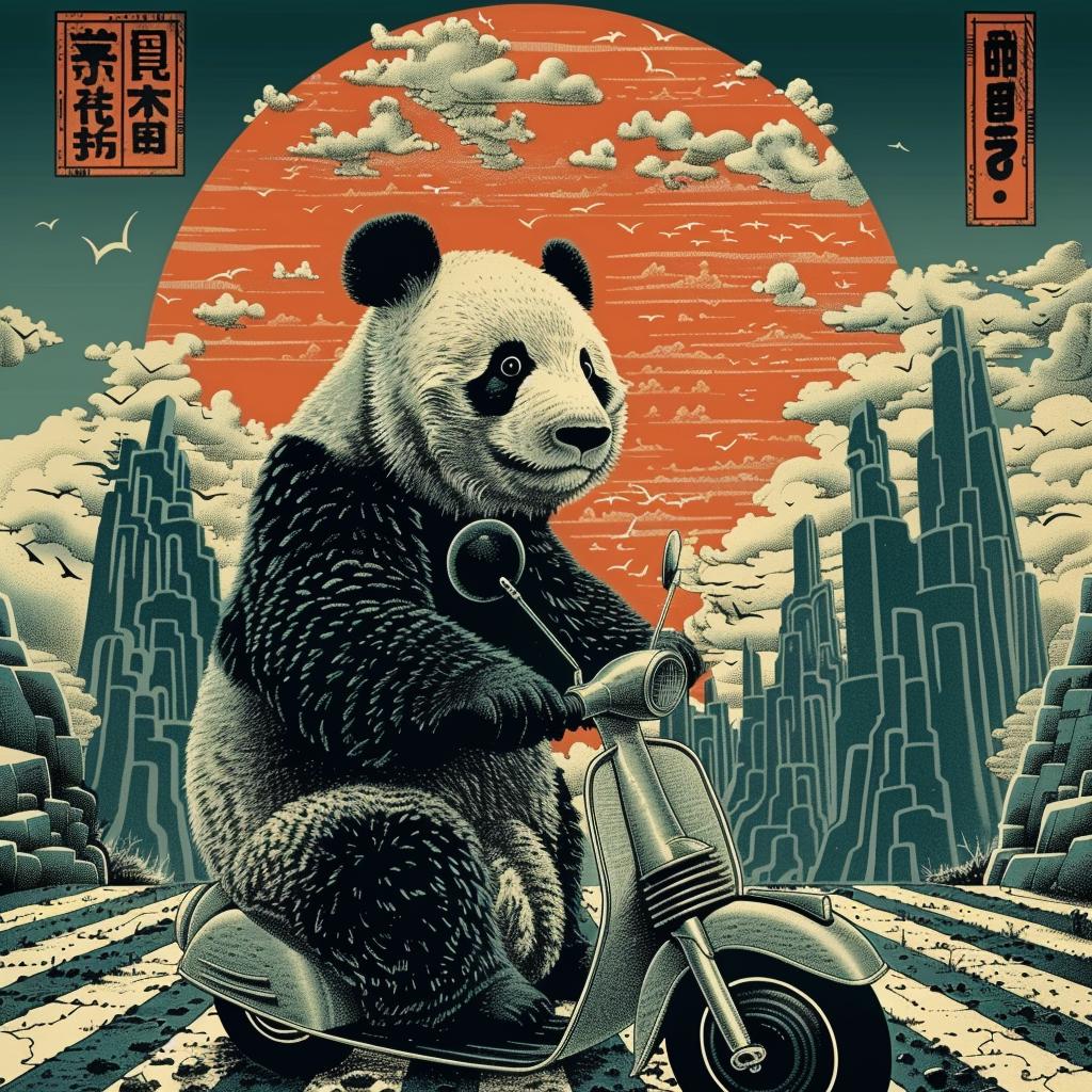 panda  motorcycle  poster  cute  cartoon  fun  whimsical  playful  transport  animal 946914
