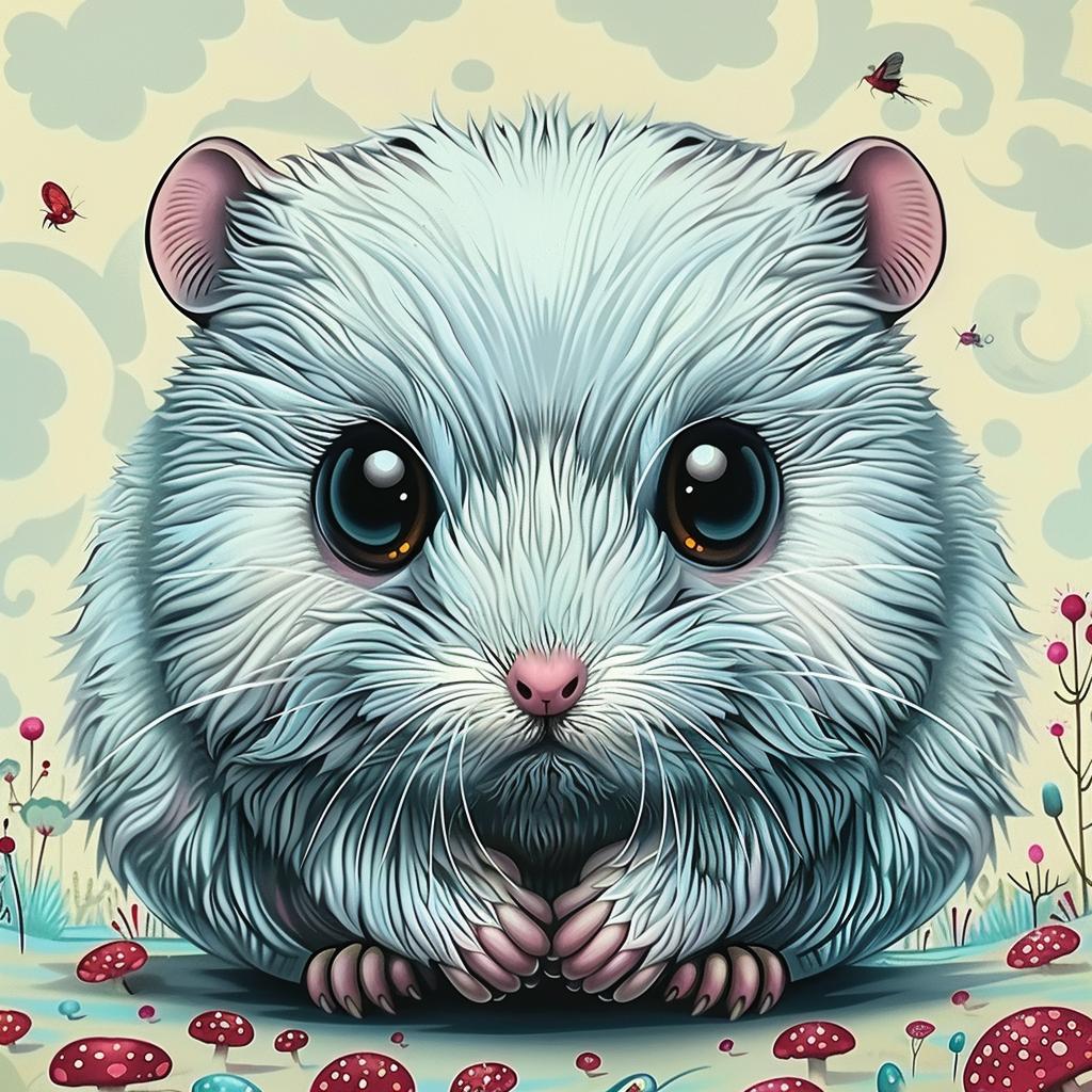 oversized  rat  kawaii  flowers  butterflies  white  background  painting  cute  character 1033866