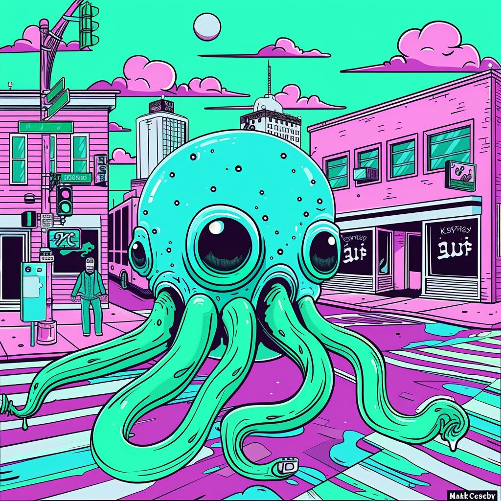 octopus  street  city  cartoon  surreal  illustration  whimsical  art  fantasy  design 923606