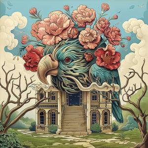 bird  house  flowers  painting  chromolithography  nature  art  colorful  detailed  scene 1051814