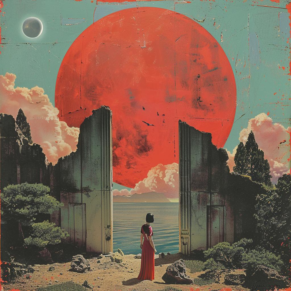 فن الألبوم Trompe-lœil Risograph Magritte horror design moon red giant 1026723