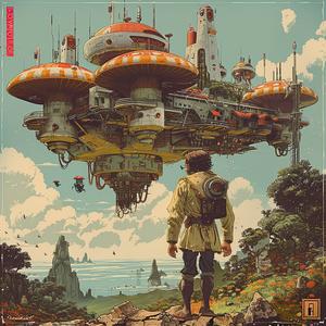 man  hill  spaceship  standing  chromolithography  futuristic  landscape  illustration  surreal  view 1050355