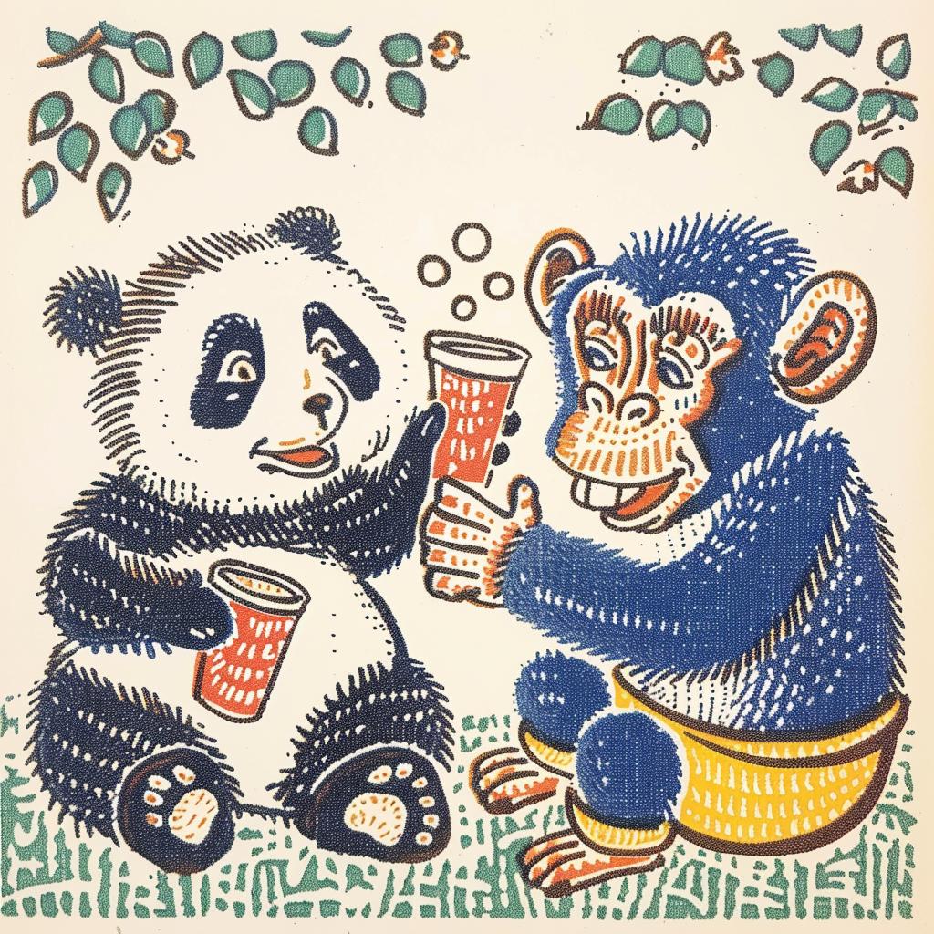 panda  chimp  book  art  colorful  fun  friendship  drink  playful  humor 962484