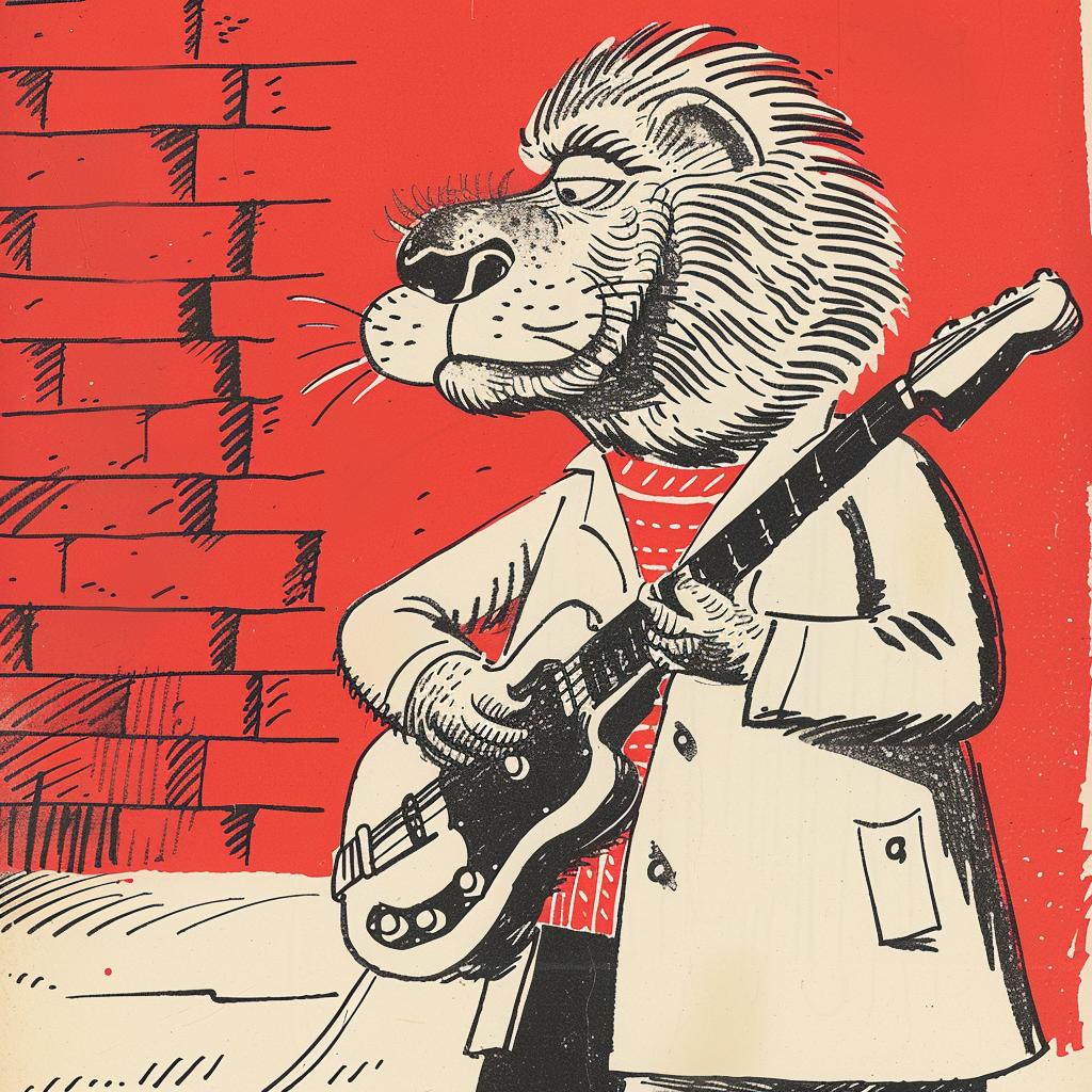 anthropomorphic  lion  guitar  Moebius  performance  music  playful  cartoon  red  coat 922673