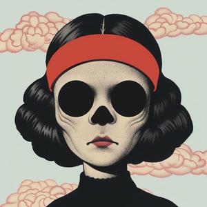 surreal  album  cover  woman  skull  sunglasses  Risograph  Symbolist  hyper-realistic  screenprinting 1077623