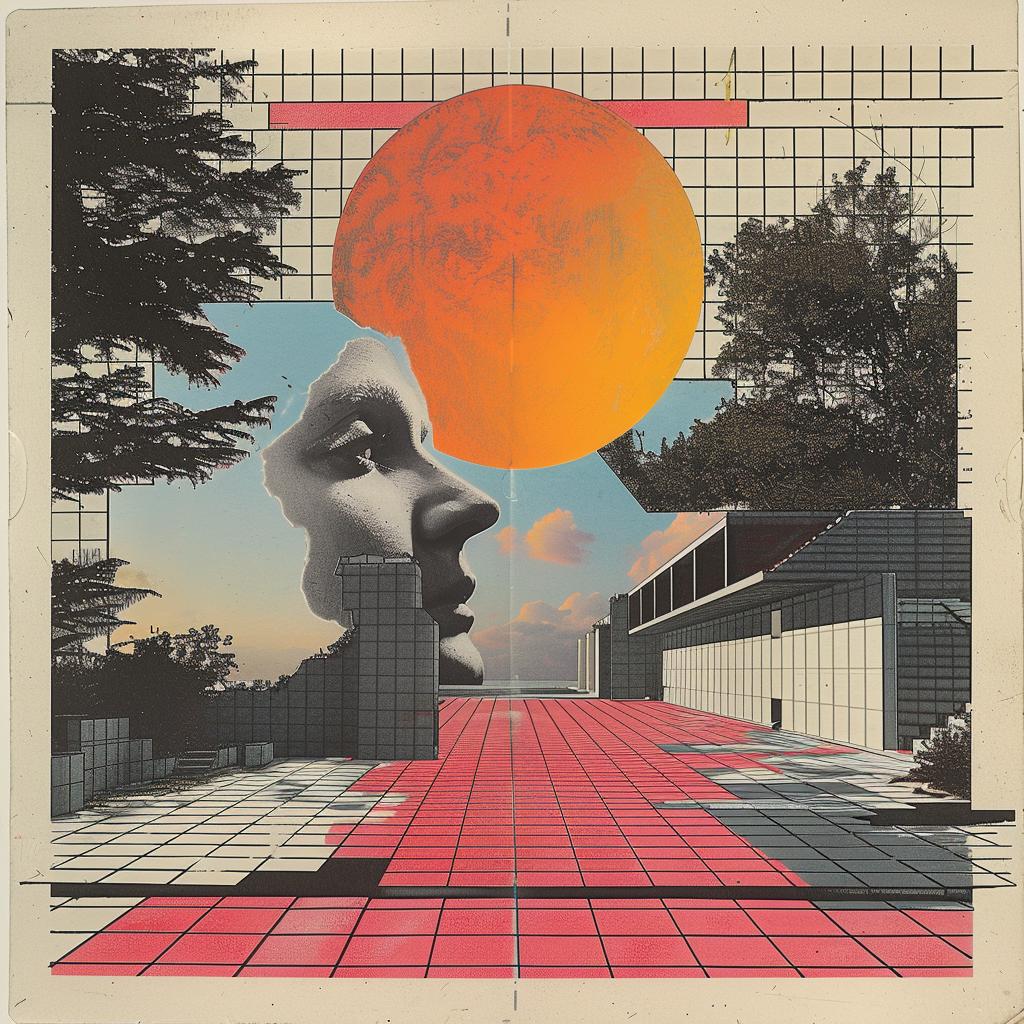 surreal  album  cover  hyper-realistic  screenprinting  collage  orange  sun  woman  face 960497