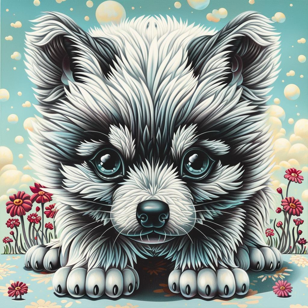 wolf  kawaii  painting  flowers  clouds  white  background  oversized  cute  illustration 1033637