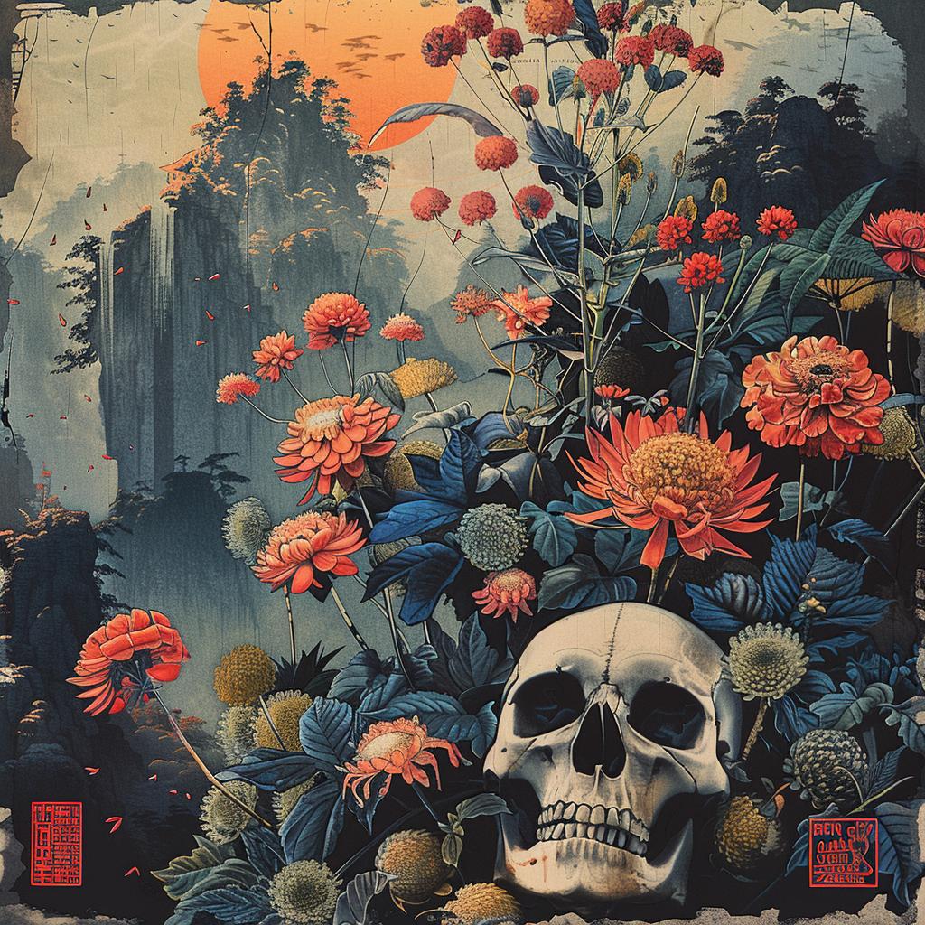 skull  flowers  painting  chromolithography  dark  nature  contrast  art  symbolism  colorful 1036150