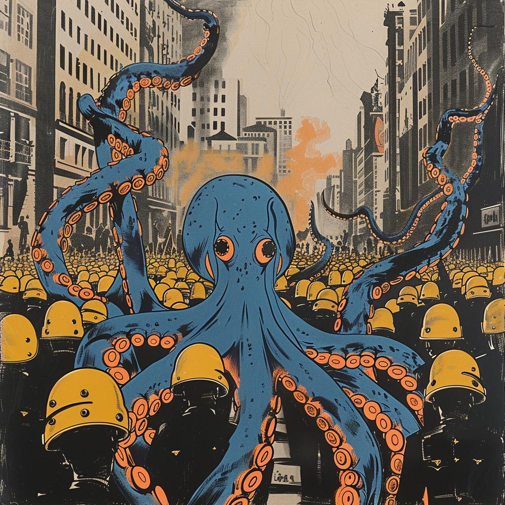 octopus  painting  crowd  police  Joan  Cornella  surreal  1965  illustration  colorful 1018172
