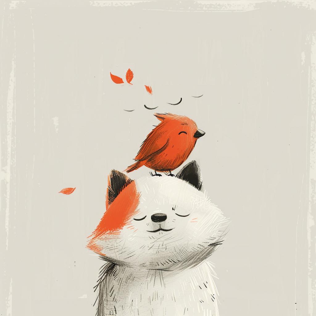 joyful  cat  bird  minimalistic  drawing  white  ultrafine  attribution  illustration  serene 970523