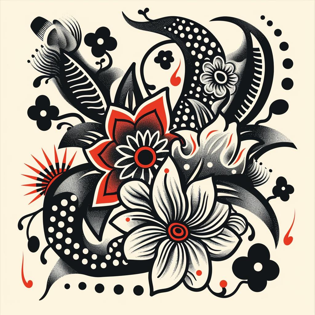 tattoo  flash  black  white  flowers  leaves  traditional  design  bold  art 1018181