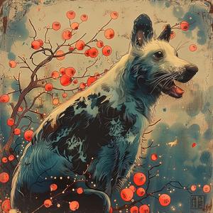 dog  branch  red  berries  chromolithography  painting  nature  animals  colorful  composition 1049629
