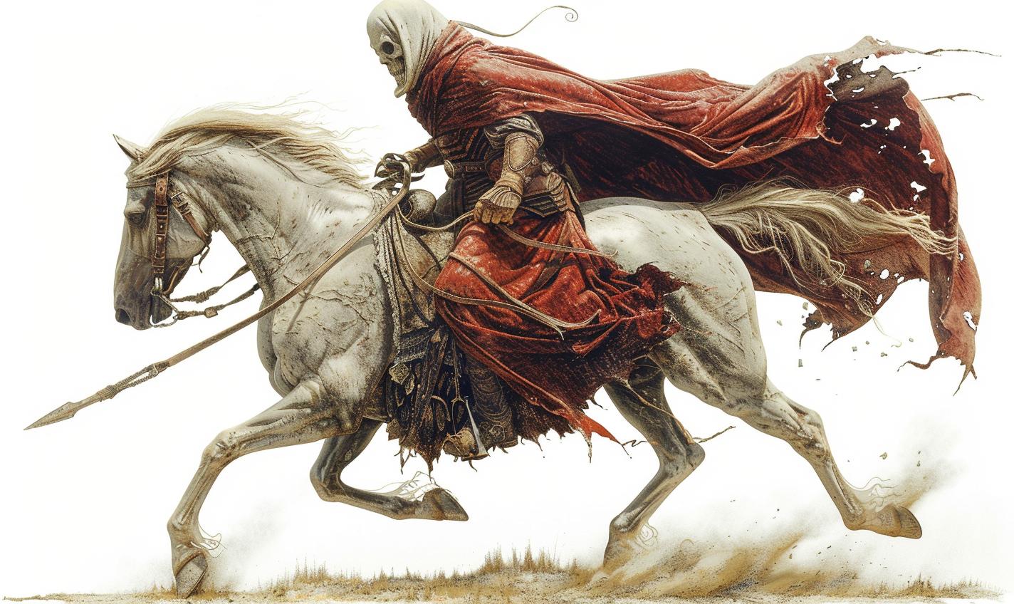 Grim  Reaper  horseback  cloak  action  man  red  background  Codex  Seraphinianus 971073