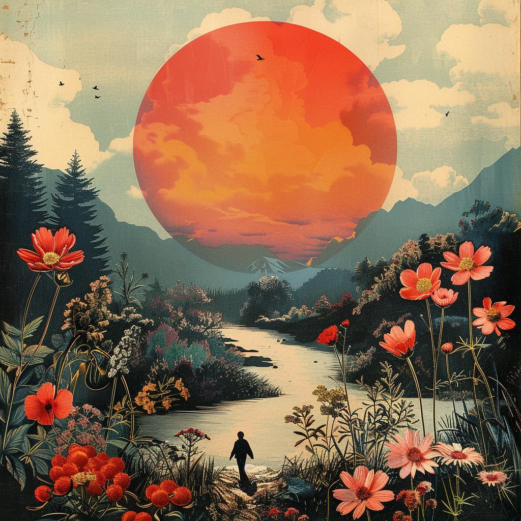 chromolithography  man  walking  field  flowers  poster  art  color  vibrant  nature 1019359