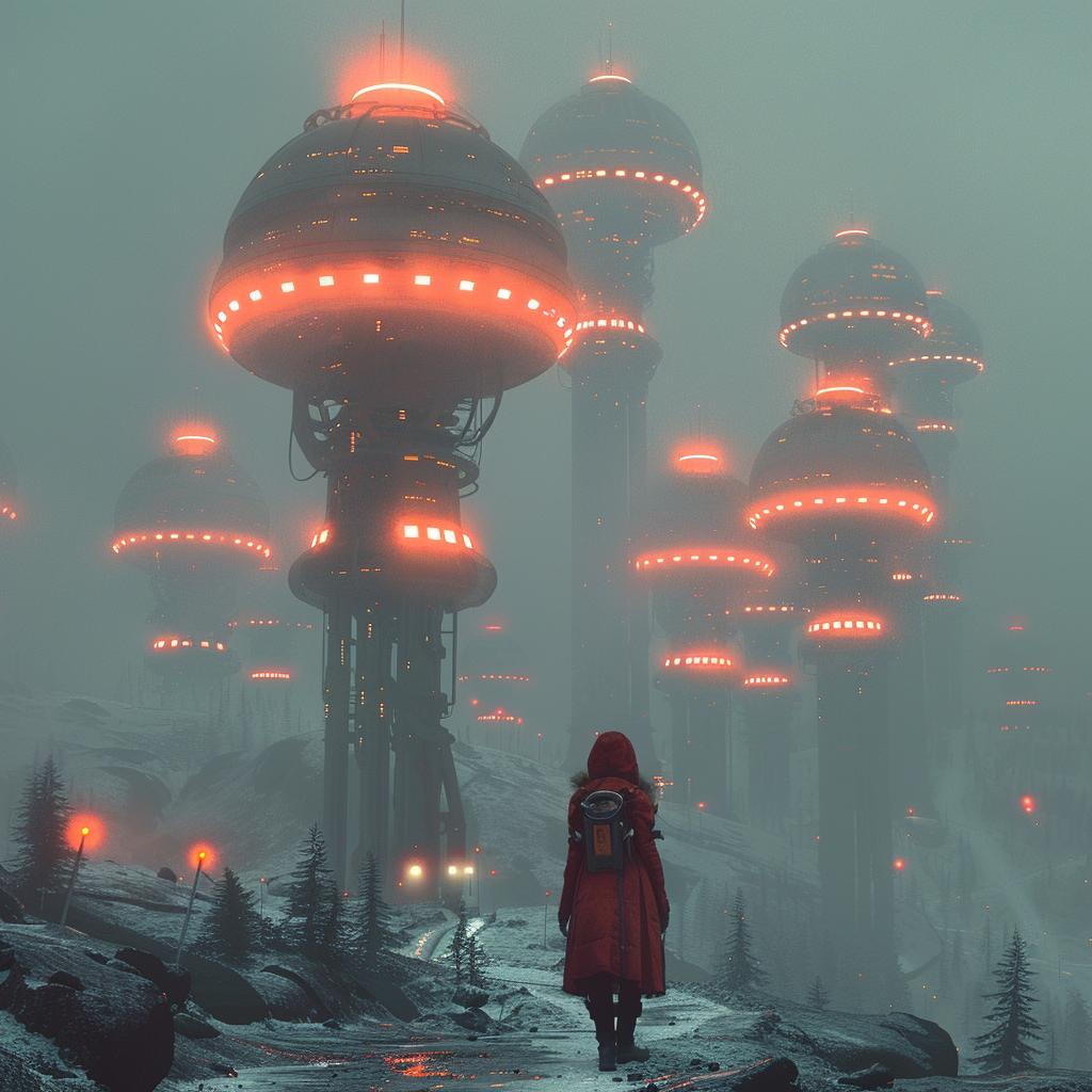 red  snow  man  landscape  glowing  towers  futuristic  lifestyle  photography  sharp 1028658