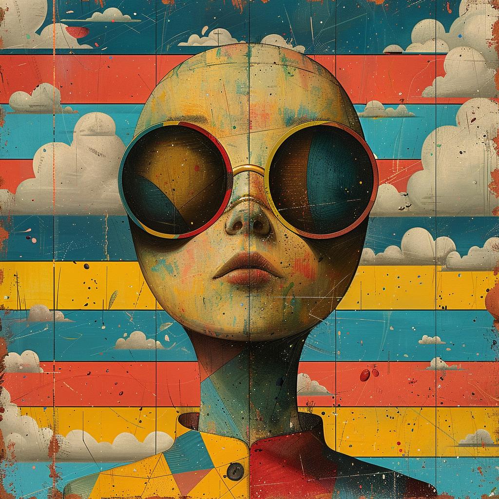 surreal  album  cover  hyper-realistic  screenprinting  Seth  Globepainter  man  sunglasses  portrait 960358