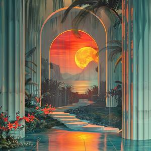 sunset  pool  palm  trees  landscape  chromolithography  serene  warm  vibrant  nature 1039993