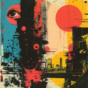 city  skyline  face  surreal  album  cover  Risograph  symbolist  hyper-realistic  painting 1079564