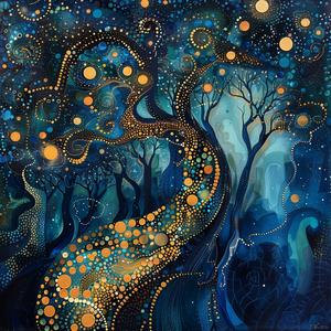 Art Nouveau  Surrealism  pointillism  gold  indigo  teal  tree  stars  circles  whimsical 1077238