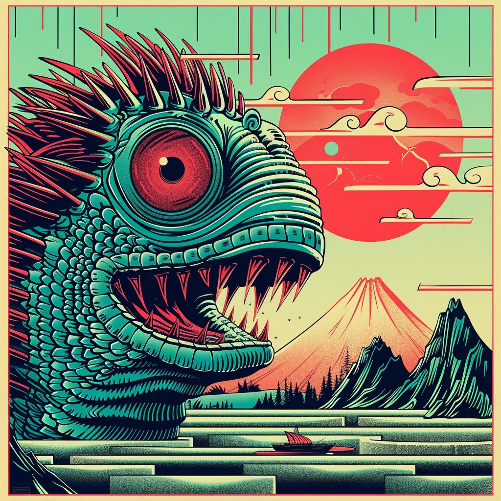 creature  lizard  mountain  background  japanese  chromolithography  illustration  vibrant  colorful  nature 945878