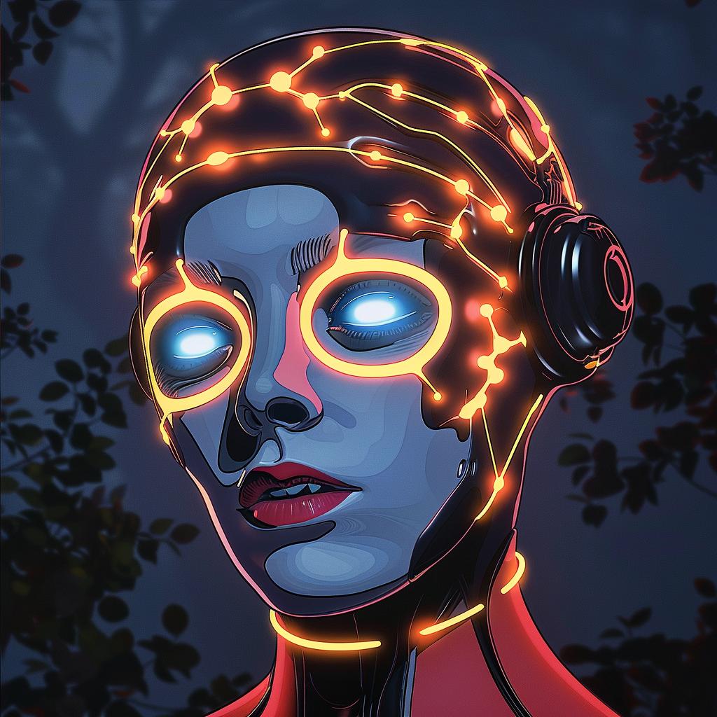 امرأة ذات عيون متوهجة، صورة شخصية مستقبلية نيون، رسم توضيحي رقمي لشخصية سايبورغ خيالية 1016653