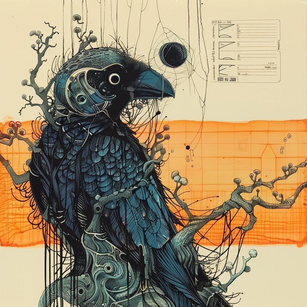 crow  branch  drawing  black  teal  encaustic  impressionistic  nature  symbolism  medium 924130