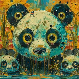 panda  three-eyed  ominous  occult  surrealism  pointillism  Art Nouveau  gold  indigo  teal 1076986