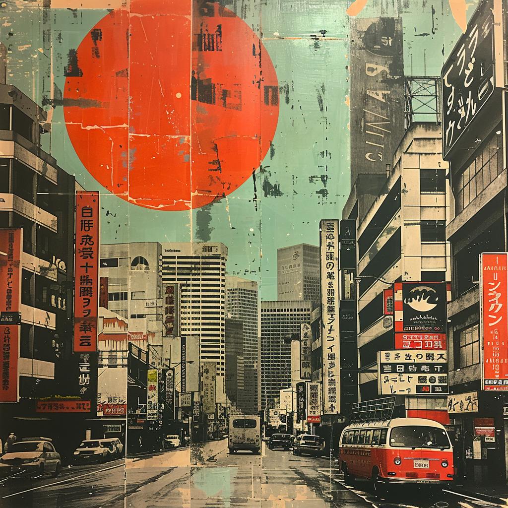 city  street  painting  red  sun  collage  vintage  abstract  art  mixed-media 1018489