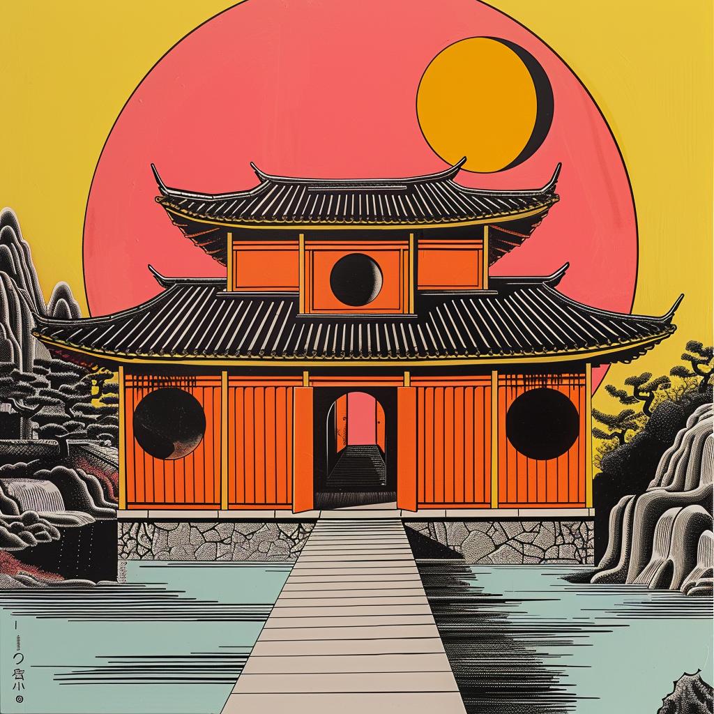 horror  novel  Japanese  minimalism  pagoda  red  sun  art  style  mood 1020361